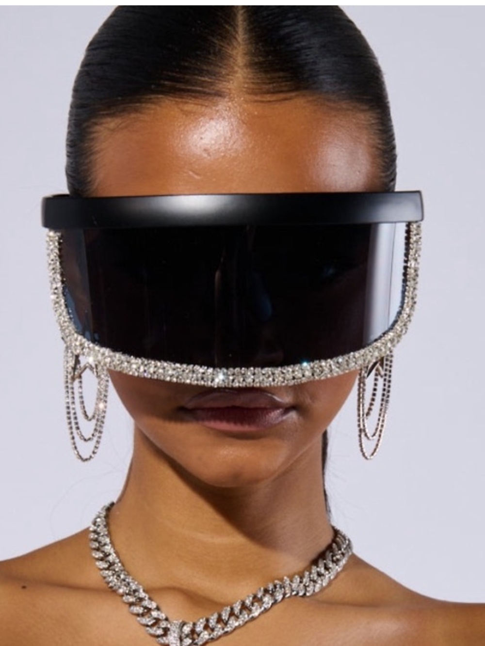 Crystal-Trim Black Visor Sunglasses with Silver Chain Accents